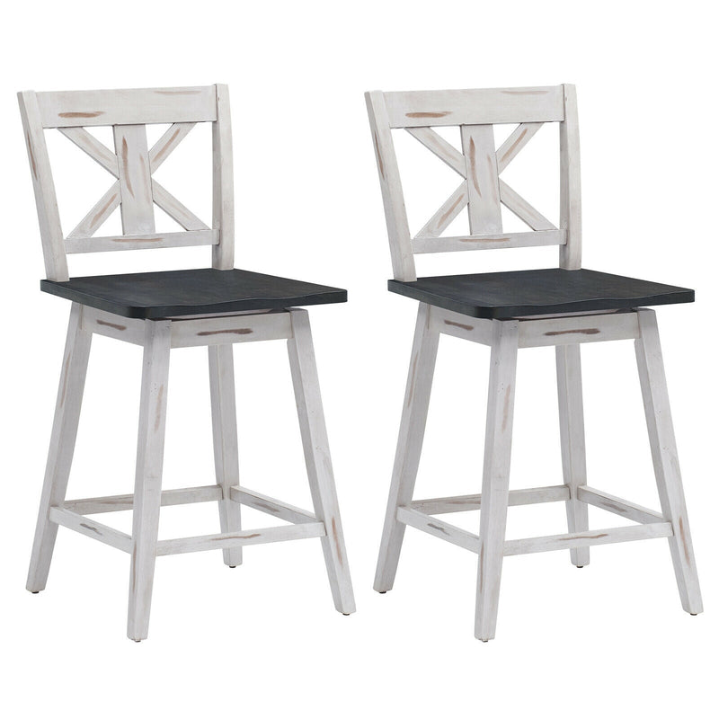 Set of 2 Swivel Counter Height Bar Stools with Solid Wood Legs-White - Relaxacare