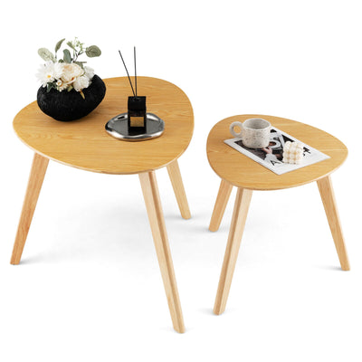 Set of 2 Triangle Modern Coffee Table Rubber Wood for Living Room-Natural - Relaxacare