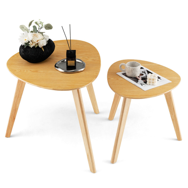 Set of 2 Triangle Modern Coffee Table Rubber Wood for Living Room-Natural - Relaxacare