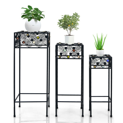 Set of 3 Metal Flower Pot Holder Rack with Colorful Ceramic Beads-Black - Relaxacare
