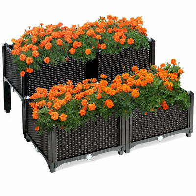 Set of 4 Elevated Flower Vegetable Herb Grow Planter Box-Brown - Relaxacare