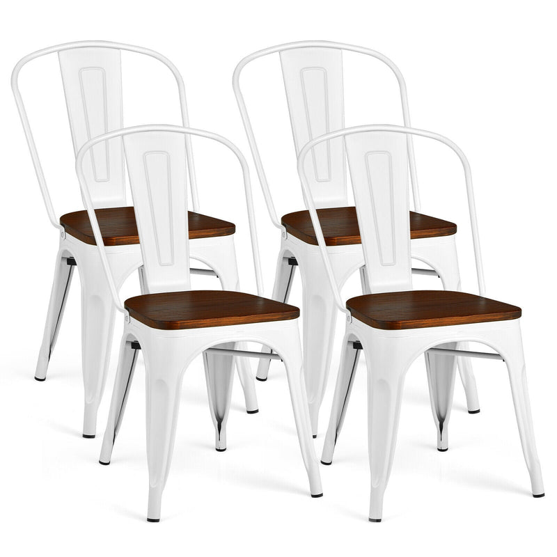 Set of 4 Tolix Style Metal Dining Wood Seat-White - Relaxacare