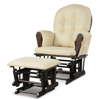 Solid Wood Gliding Chair Set with Pockets and Ottoman for Relaxing-Beige - Relaxacare