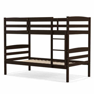Solid Wood Twin Over Twin Bunk Bed Frame with High Guardrails and Integrated Ladder-Espresso - Relaxacare
