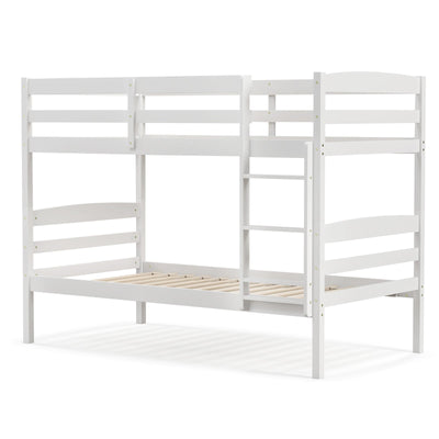 Solid Wood Twin Over Twin Bunk Bed Frame with High Guardrails and Integrated Ladder-White - Relaxacare