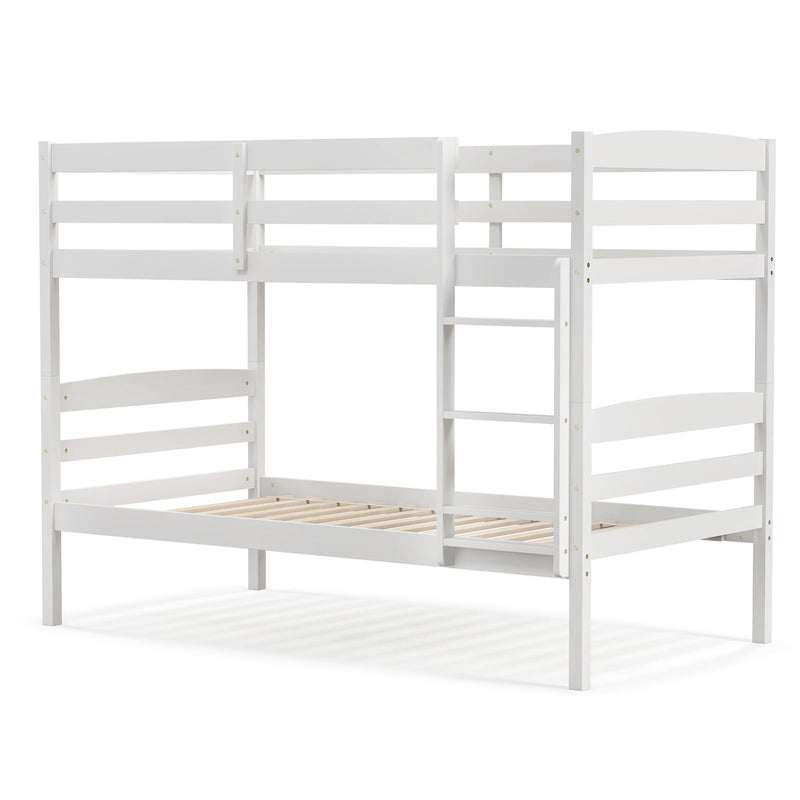 Solid Wood Twin Over Twin Bunk Bed Frame with High Guardrails and Integrated Ladder-White - Relaxacare