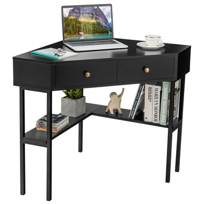 Space Saving Corner Computer Desk with 2 Large Drawers and Storage Shelf-Black - Relaxacare