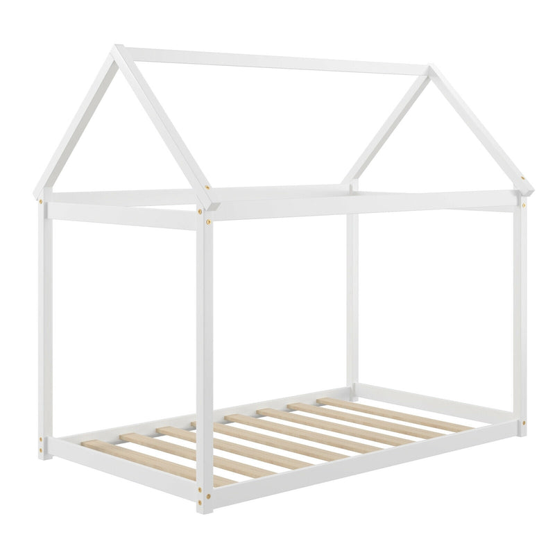 Stable Kids Platform Floor Bed with Roof and Heavy-Duty Slats-White - Relaxacare