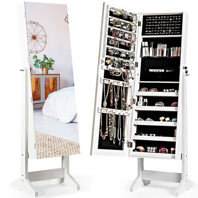 Standing Jewelry Armoire Cabinet with Full Length Mirror-White - Relaxacare
