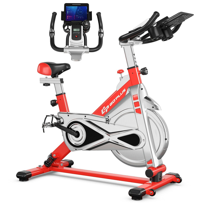 Stationary Silent Belt Adjustable Exercise Bike with Phone Holder and Electronic Display-Red - Relaxacare