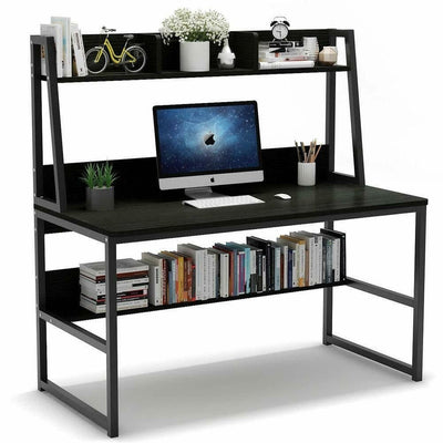Storage Writing Desk Computer Desk with Hutch & Bookshelf-Gray - Relaxacare