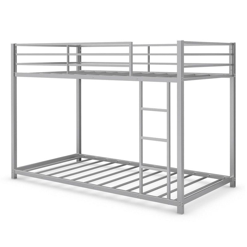 Sturdy Metal Bunk Bed Frame Twin Over Twin with Safety Guard Rails and Side Ladder-Silver - Relaxacare