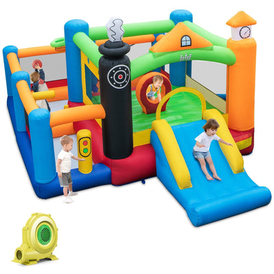 Train Themed Kids Bouncer with Slide and Basketball Hoop with 950W Air Blower - Relaxacare
