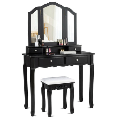 Tri Folding Mirror Vanity Table Stool Set with 4 Drawers and Cushioned Stool - Relaxacare