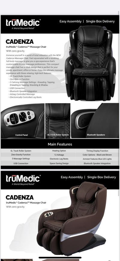 -TruMedic Cadenza Massage Chair With L Track - Relaxacare