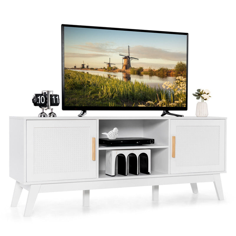 TV Stand Entertainment Media Console with 2 Rattan Cabinets and Open Shelves - Relaxacare