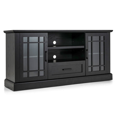 TV Stand for TVs up to 70 with Glass Doors Cubbies and Drawer-Black - Relaxacare