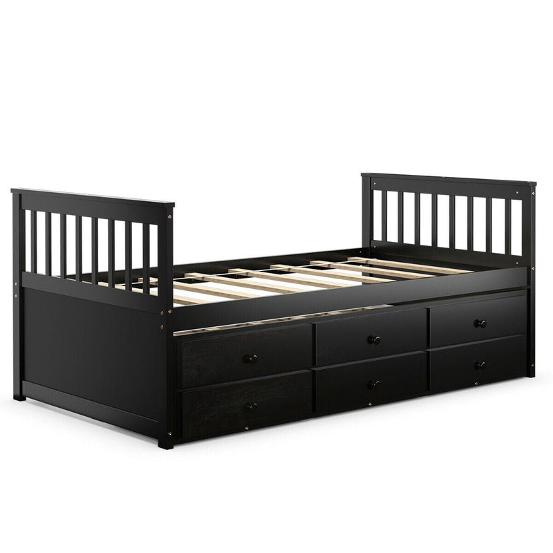 Twin Captain’s Bed with Trundle Bed with 3 Storage Drawers-Dark Brown - Relaxacare