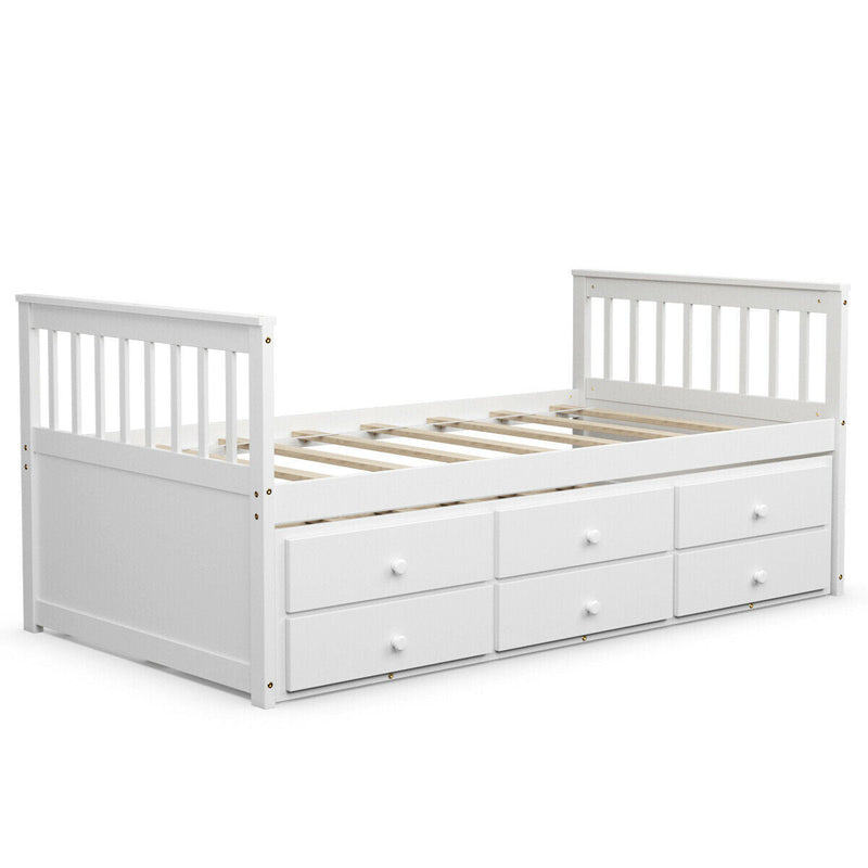 Twin Captain’s Bed with Trundle Bed with 3 Storage Drawers-White - Relaxacare