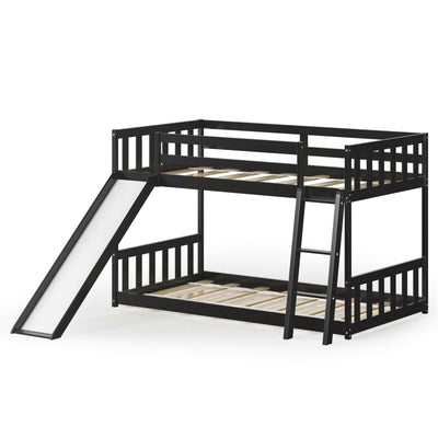 Twin over Twin Bunk Wooden Low Bed with Slide Ladder for Kids-Espresso - Relaxacare