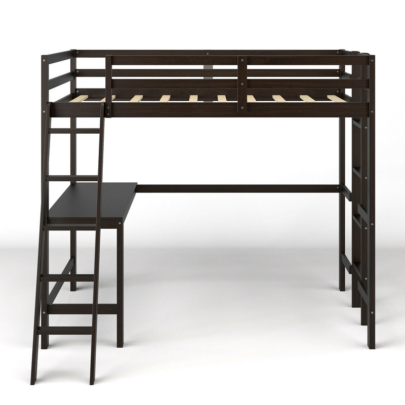 Twin Size Loft Bed Frame with Desk Angled and Built-in Ladder-Dark Brown - Relaxacare
