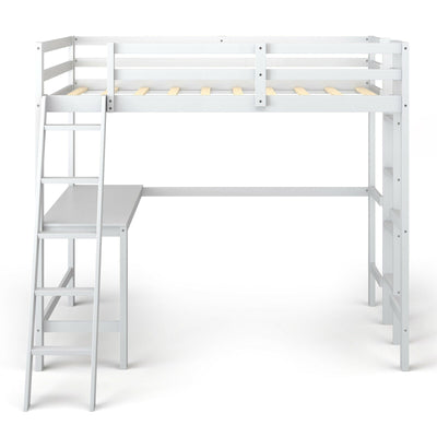 Twin Size Loft Bed Frame with Desk Angled and Built-in Ladder-White - Relaxacare