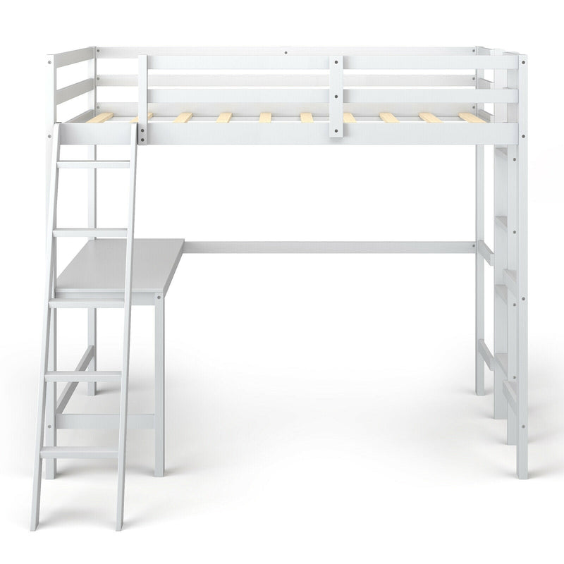 Twin Size Loft Bed Frame with Desk Angled and Built-in Ladder-White - Relaxacare