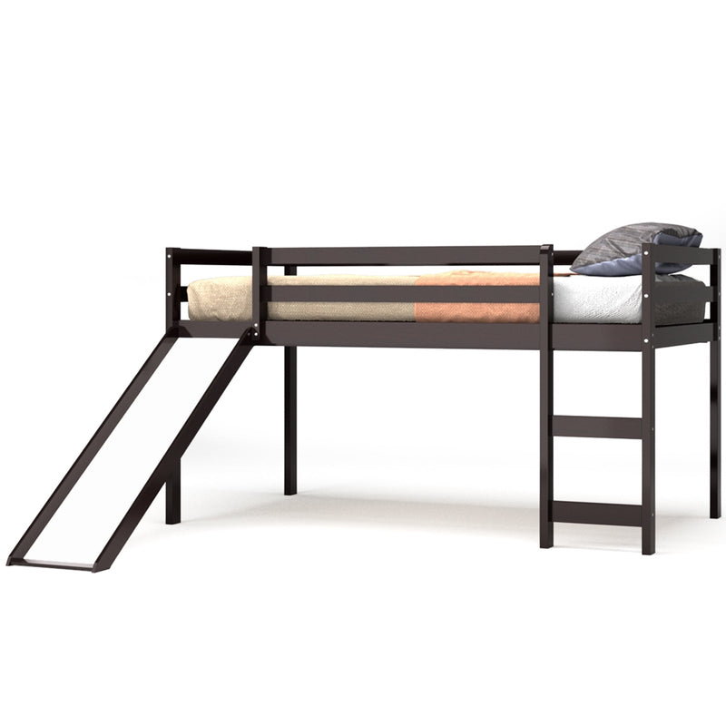 Twin Size Low Sturdy Loft Bed with Slide Wood -Dark Brown - Relaxacare