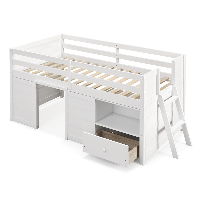 Twin Size Solid Wood Low Loft Bed with Storage and Drawer - Relaxacare