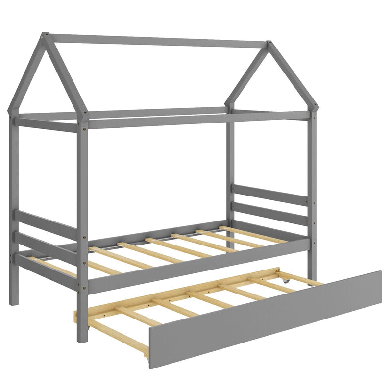 Twin Size Wood House Bed Frame with Trundle for Girls Boys - Relaxacare
