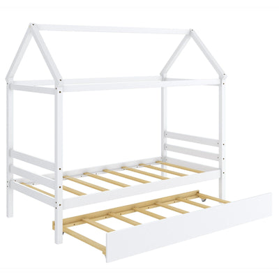 Twin Size Wood House Bed Frame with Trundle for Girls Boys-White - Relaxacare