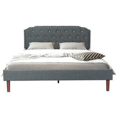 Upholstered Bed Frame with Adjustable Diamond Button Headboard-Queen Size - Relaxacare