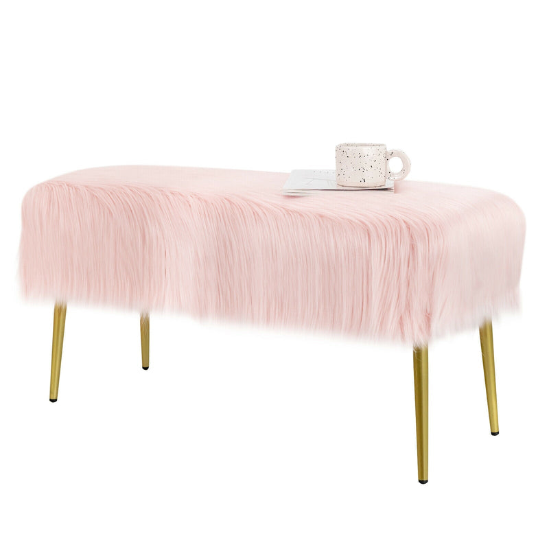 Upholstered Faux Fur Vanity Stool with Golden Legs for Makeup Room-Pink - Relaxacare