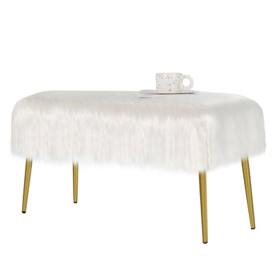 Upholstered Faux Fur Vanity Stool with Golden Legs for Makeup Room-White - Relaxacare