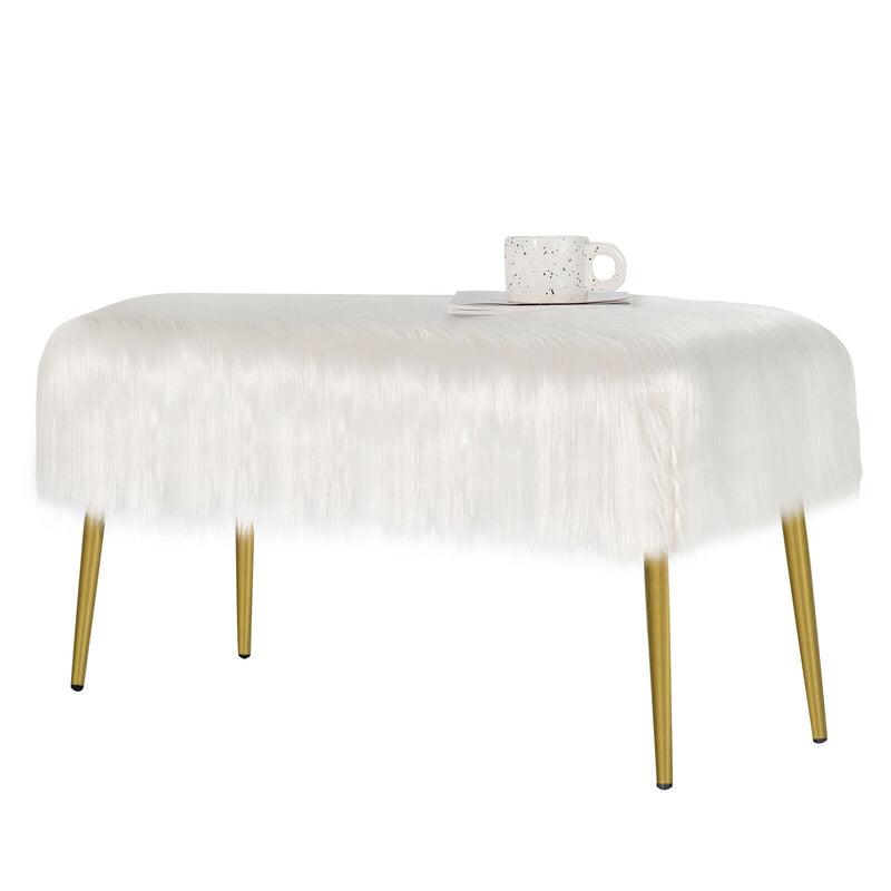 Upholstered Faux Fur Vanity Stool with Golden Legs for Makeup Room-White - Relaxacare