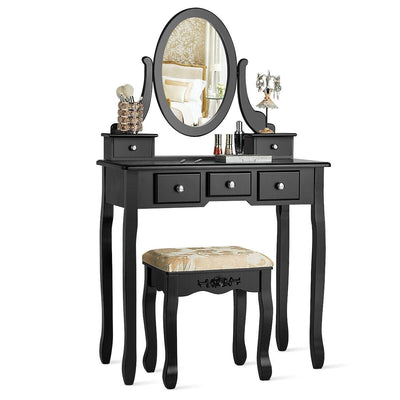Vanity Make Up Table Set Dressing Table Set with 5 Drawers-Black - Relaxacare