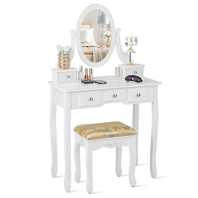 Vanity Make Up Table Set Dressing Table Set with 5 Drawers-White - Relaxacare