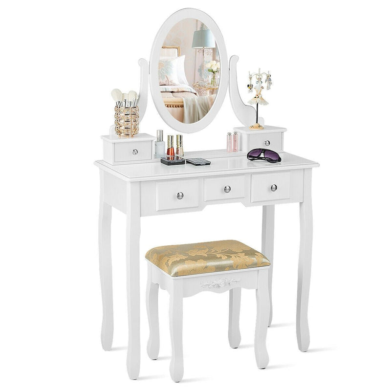 Vanity Make Up Table Set Dressing Table Set with 5 Drawers-White - Relaxacare