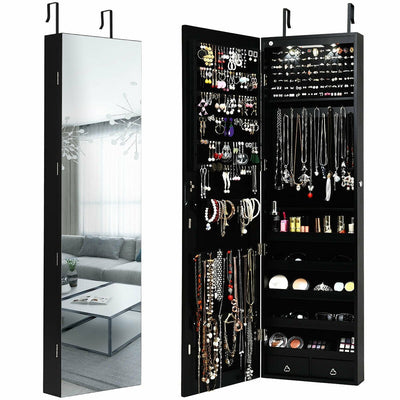 Wall And Door Mounted Mirrored Jewelry Cabinet With Lights-Black - Relaxacare