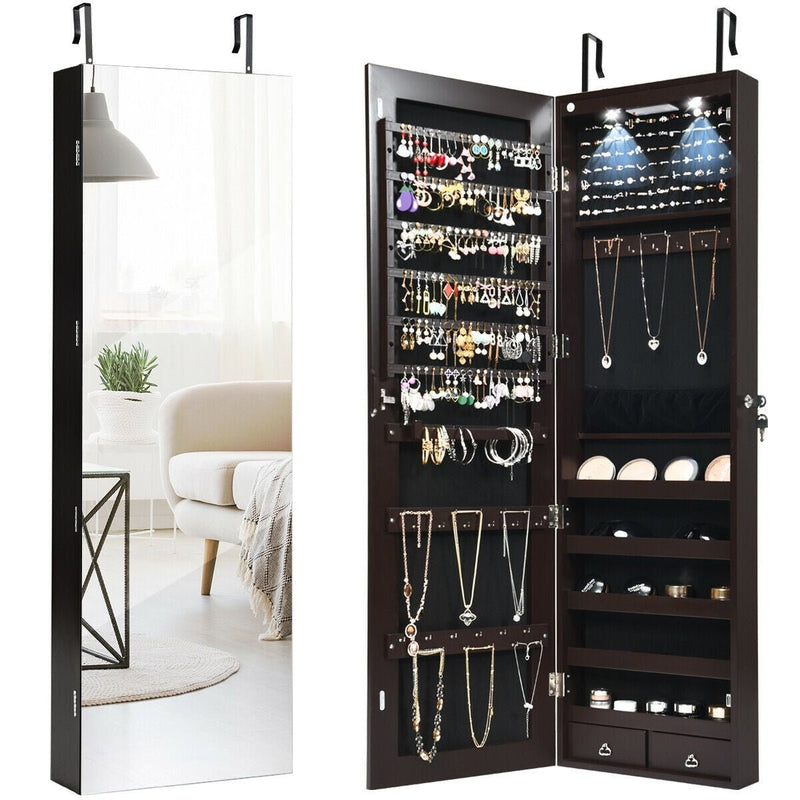 Wall And Door Mounted Mirrored Jewelry Cabinet With Lights-Brown - Relaxacare