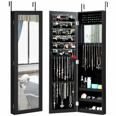 Wall Door Mounted Mirrored Jewelry Cabinet Storage Organizer-Black - Relaxacare