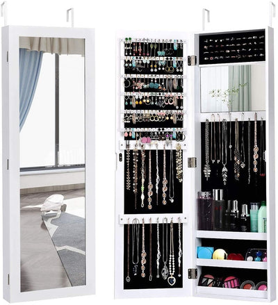 Wall Door Mounted Mirrored Jewelry Cabinet Storage Organizer-White - Relaxacare
