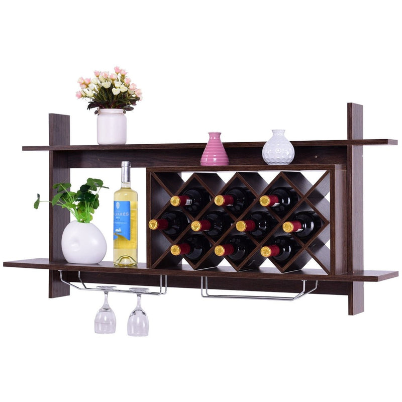 Wall Mount Wine Rack with Glass Holder & Storage Shelf-Walnut - Relaxacare