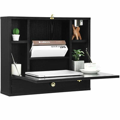 Wall Mounted Folding Laptop Desk Hideaway Storage with Drawer-Black - Relaxacare
