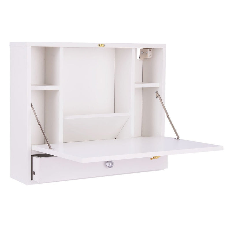 Wall Mounted Folding Laptop Desk Hideaway Storage with Drawer-White - Relaxacare