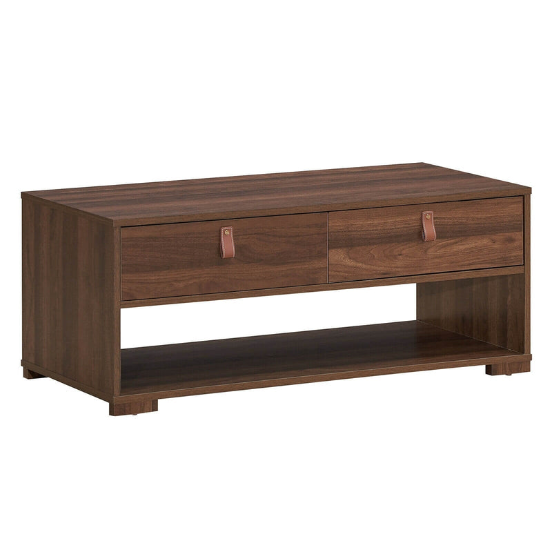 Wood Cocktail Coffee Table with 2 Drawers and Open Storage Shelf-Walnut - Relaxacare