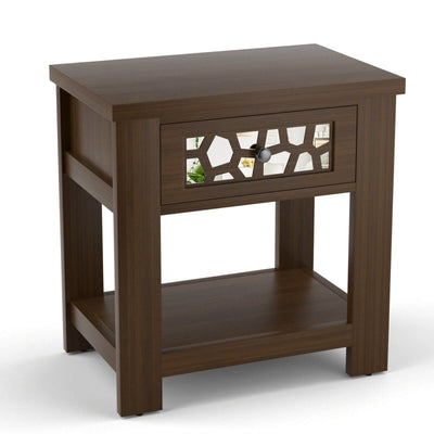 Wood Retro End Table with Mirrored Glass Drawer and Open Storage Shelf - Relaxacare