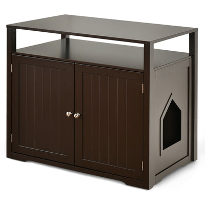 Wooden Cat Litter Box Enclosure Hidden Cat Washroom with Storage Layer-Brown - Relaxacare