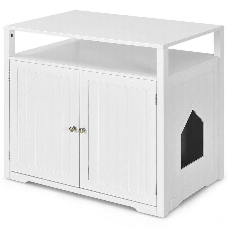 Wooden Cat Litter Box Enclosure Hidden Cat Washroom with Storage Layer-White - Relaxacare