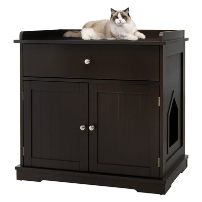 Wooden Cat Litter Box Enclosure with Drawer Side Table Furniture - Relaxacare